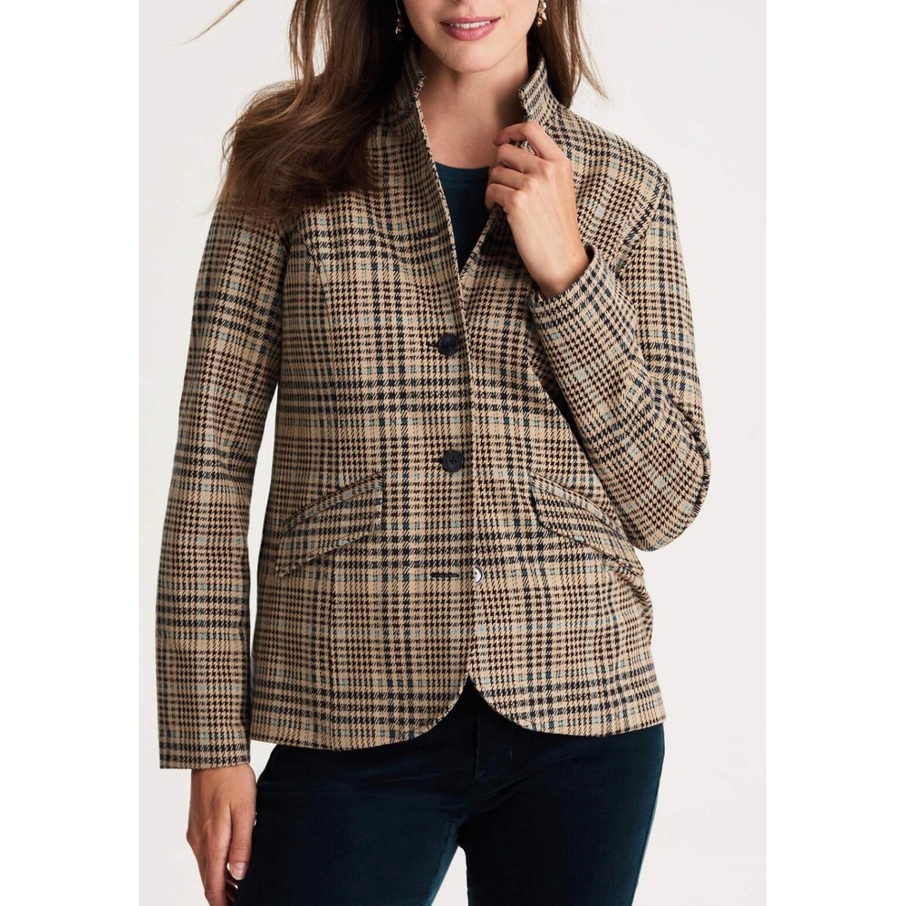 J.Jill Women Glen Plaid Knit Blazer Jacket Tan Blue MT 285043‎ New With Tags
